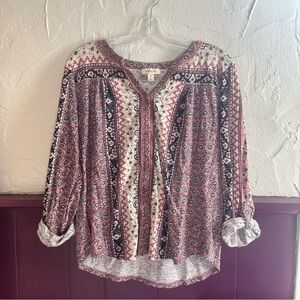 Style & Co. Women's Blouse - Bohemian Pink and Black Pattern Size Medium